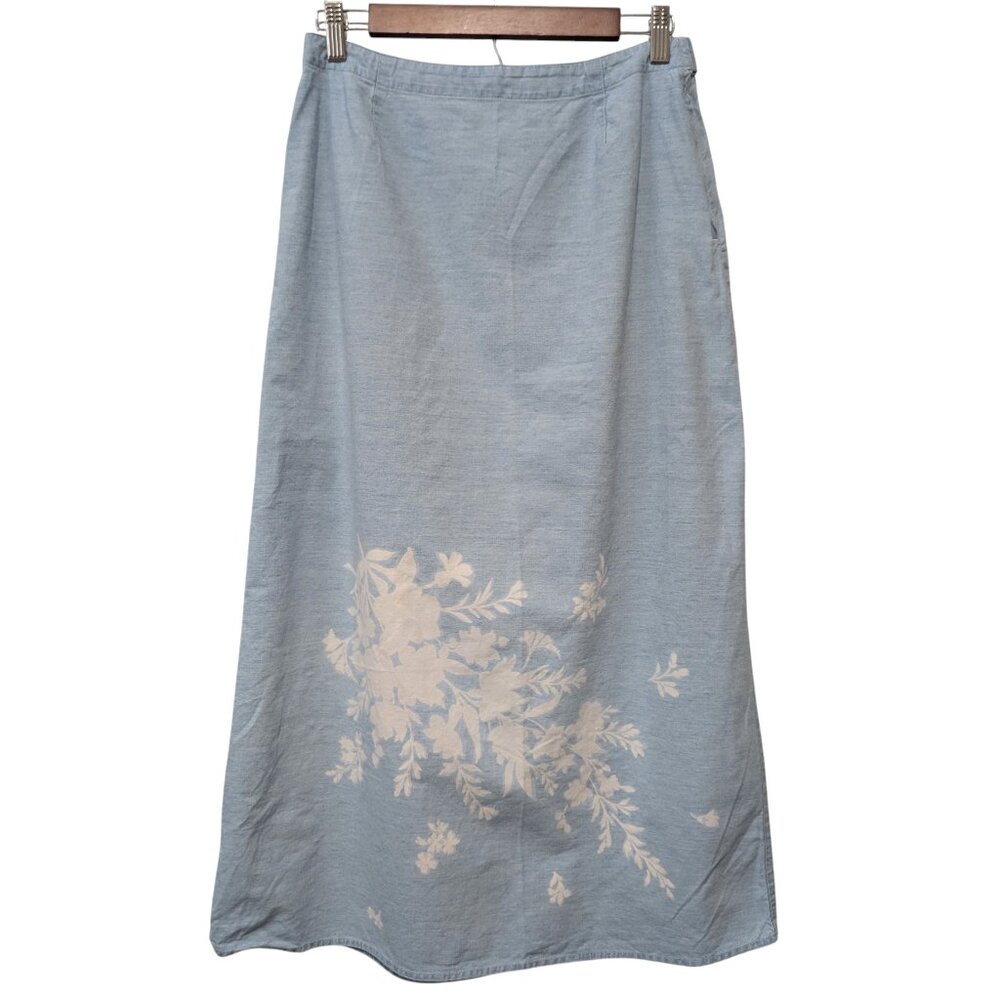 Vintage Liz Claiborne Petite Womens Sz 12P Blue Cotton Floral A-Line Midi Skirt